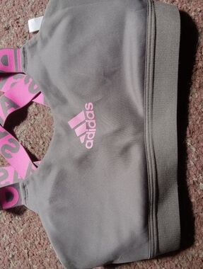 adidas Gray Sports Bra with Pink Logo and Straps